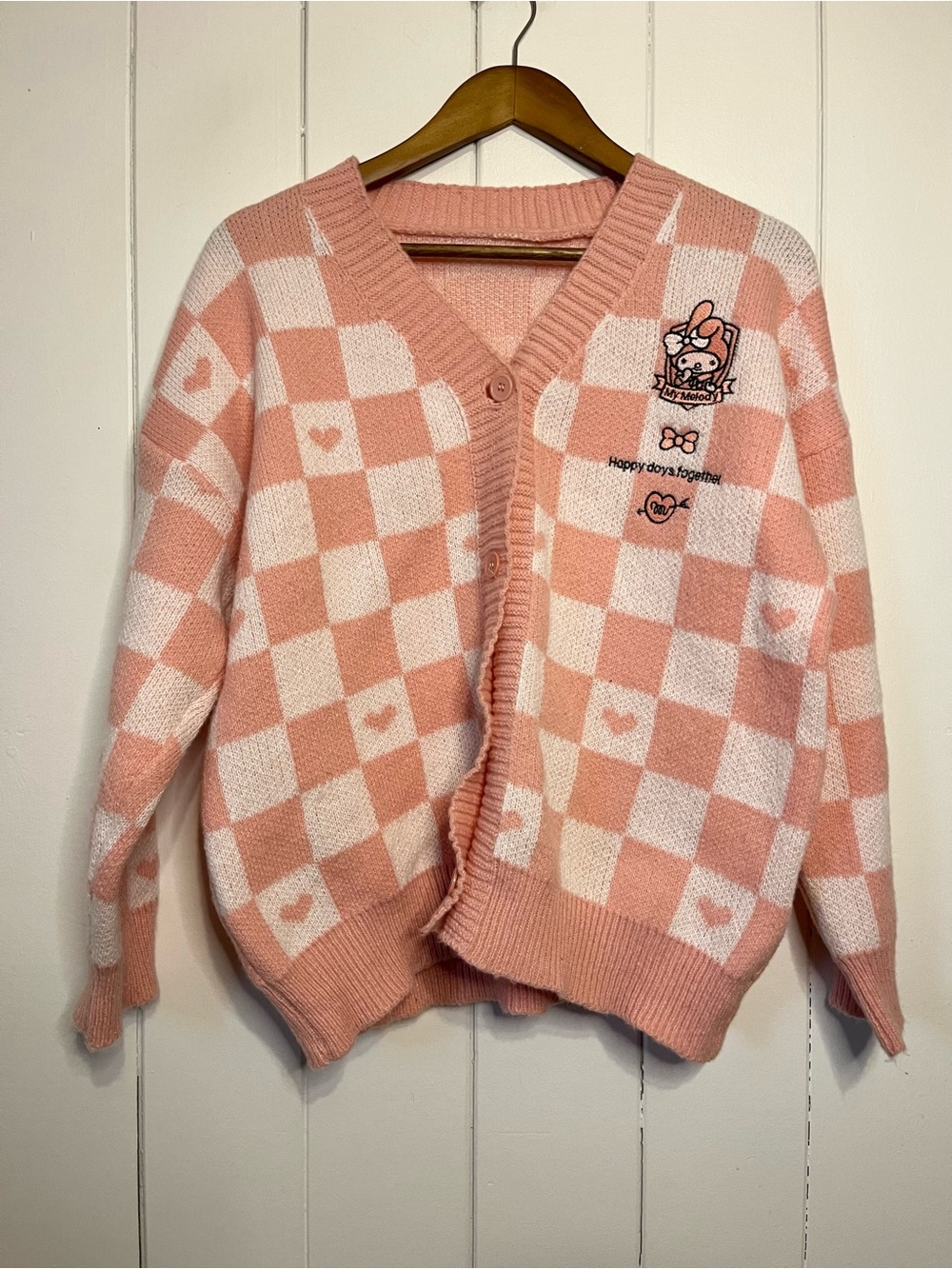 My Melody Kawaii Knitted Pink and White Checkered Cardigan.